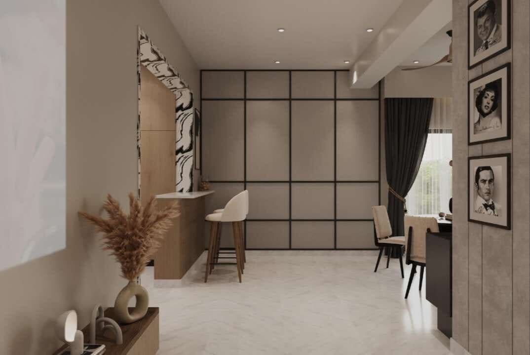 Entryway with framed portraits and dining nook beyond