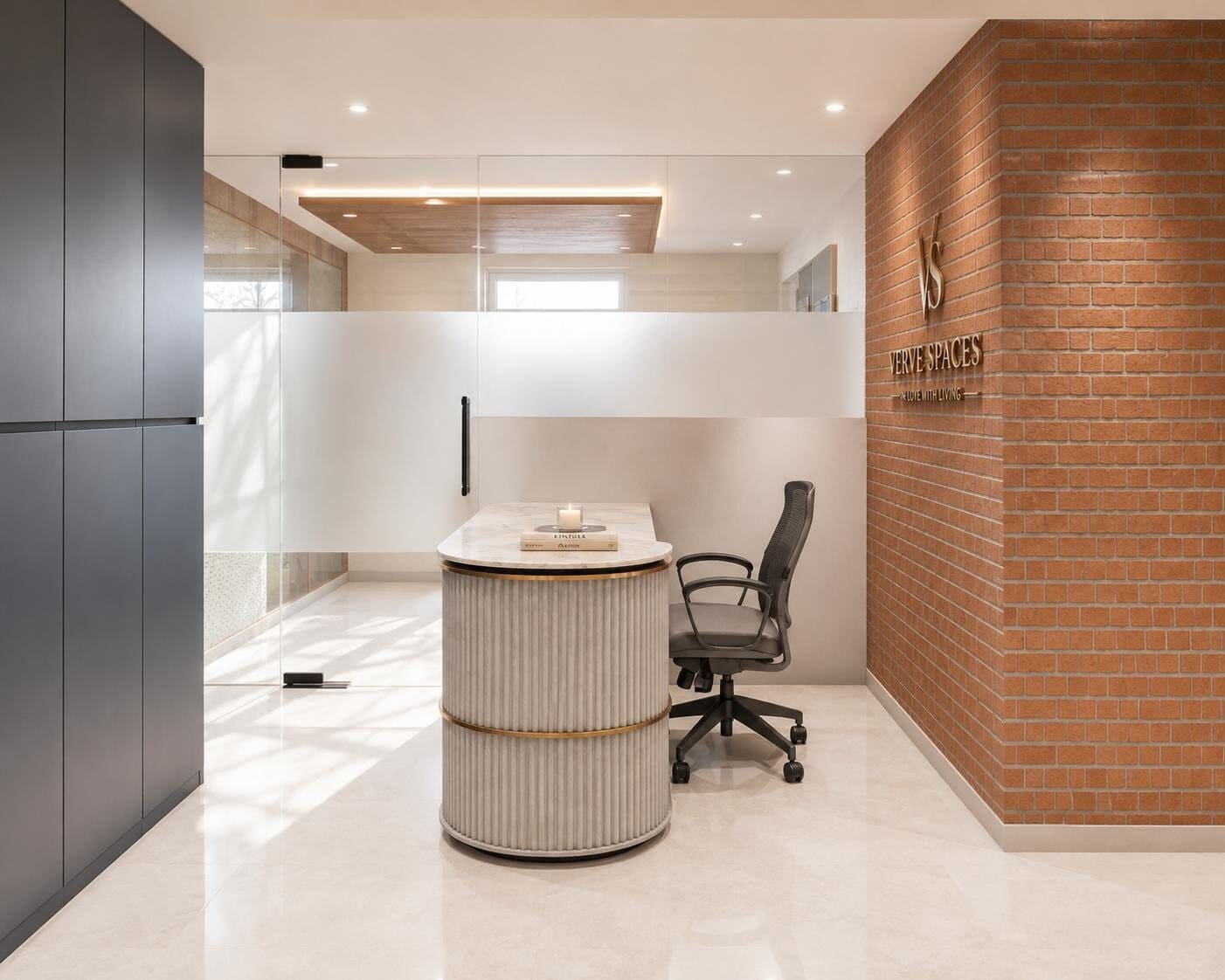 Verve Spaces studio reception seen from the glass entrance